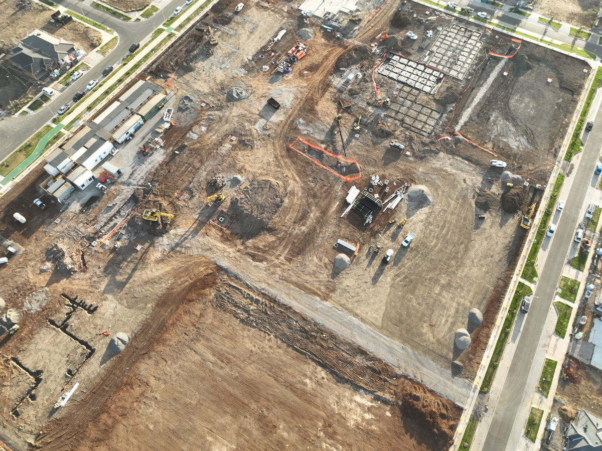 Tarneit North Primary School (interim name) - construction photo of site progress in February 2023 - aerial shot of site