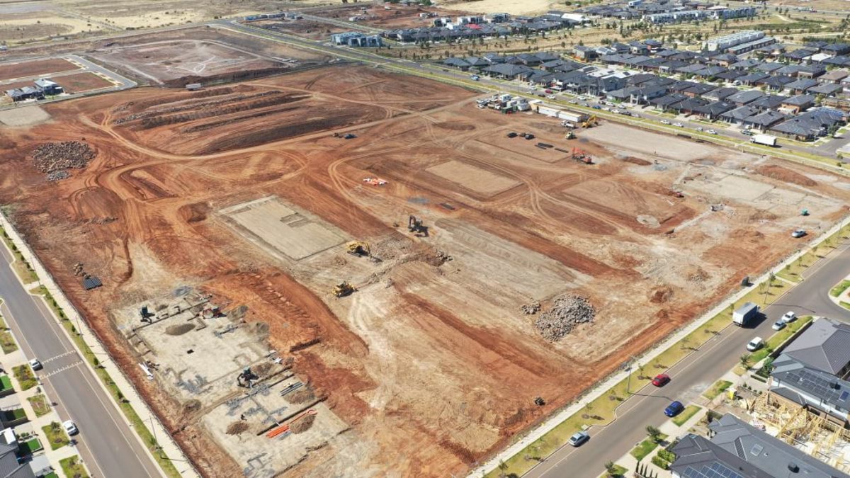 Truganina North Secondary School (interim name) - Junior Campus - construction photo of site progress in February 2023 - aerial shot of site