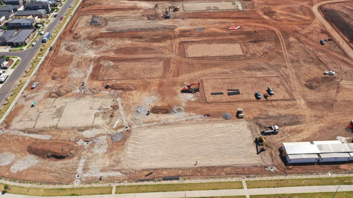 Truganina North Secondary School (interim name) - Junior Campus - construction photo of site progress in February 2023 - aerial shot of site