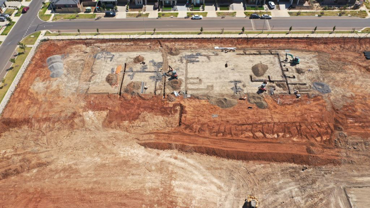 Truganina North Primary School (interim name) - construction photo of site progress in February 2023 - aerial shot of site