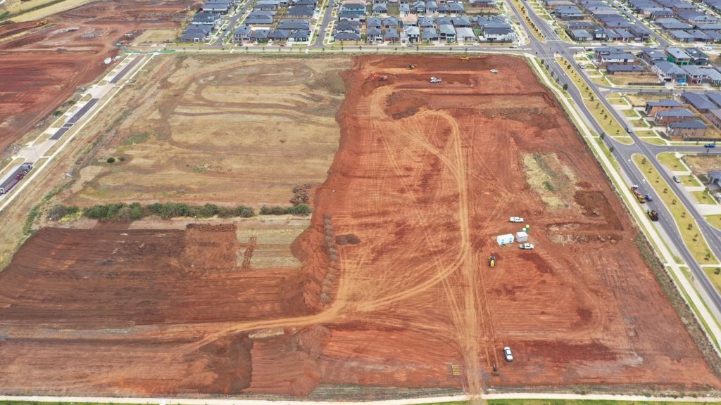 Truganina North Secondary School (interim name) - Senior Campus - aerial photo of the construction site in February 2023