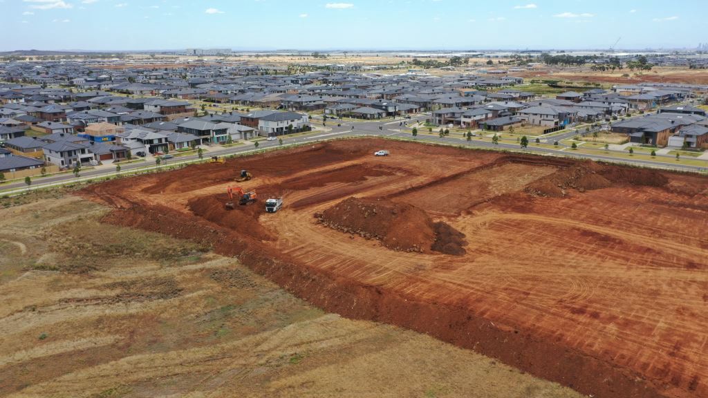 Truganina North Secondary School (interim name) - Senior Campus - aerial photo of the construction site in February 2023