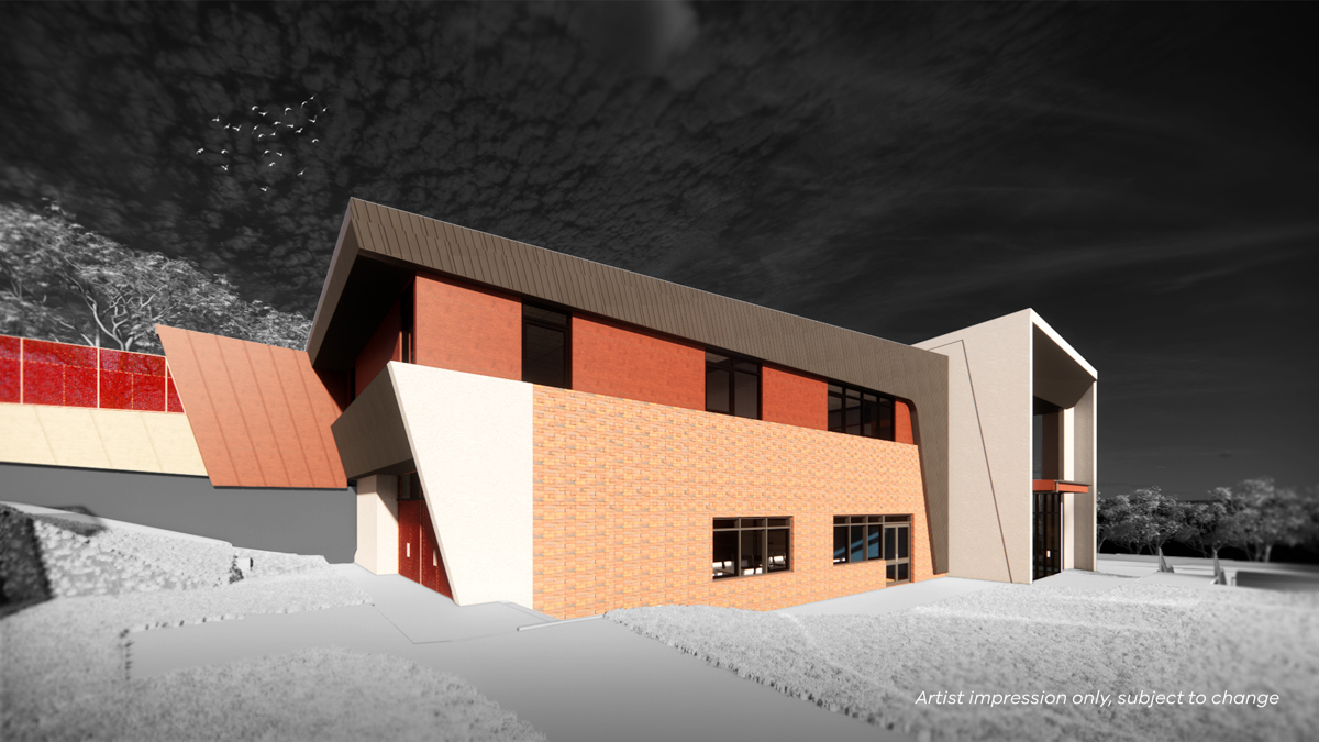 Billanook Primary School - Illustrated render of an angular red, orange, charcoal and white 2-storey school building set against a black and white background