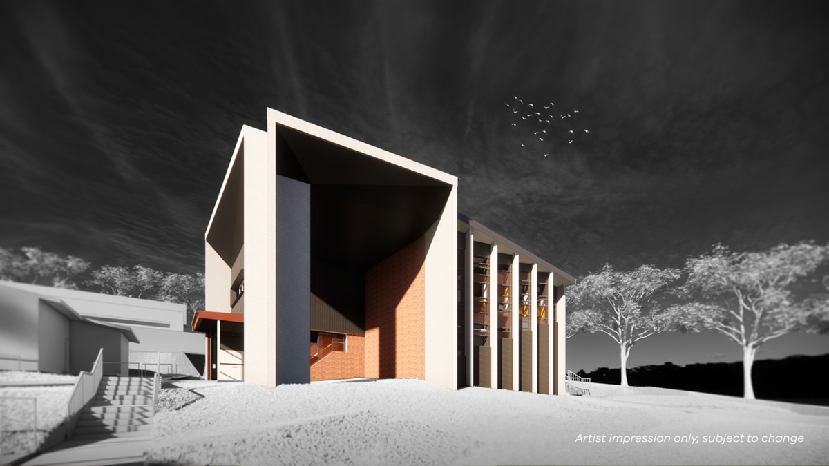 Billanook Primary School - Illustrated render of an angular red, orange, charcoal and white 2-storey school building set against a black and white background