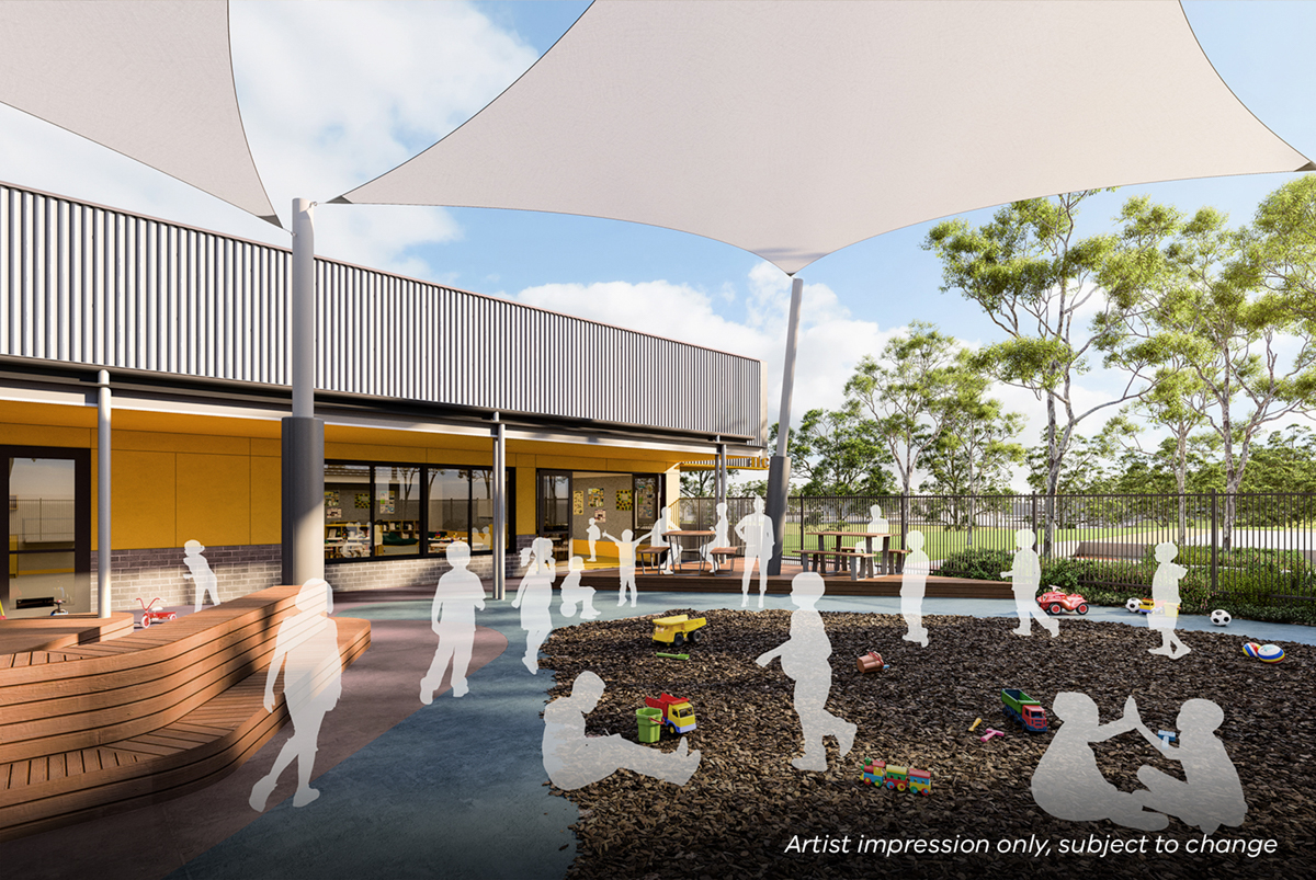 Truganina North Primary School Kindergarten (interim name) - illustrated render, Outdoor play