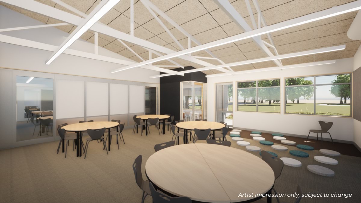 Goonawarra Primary School - illustrated render showing round tables inside a school classroom