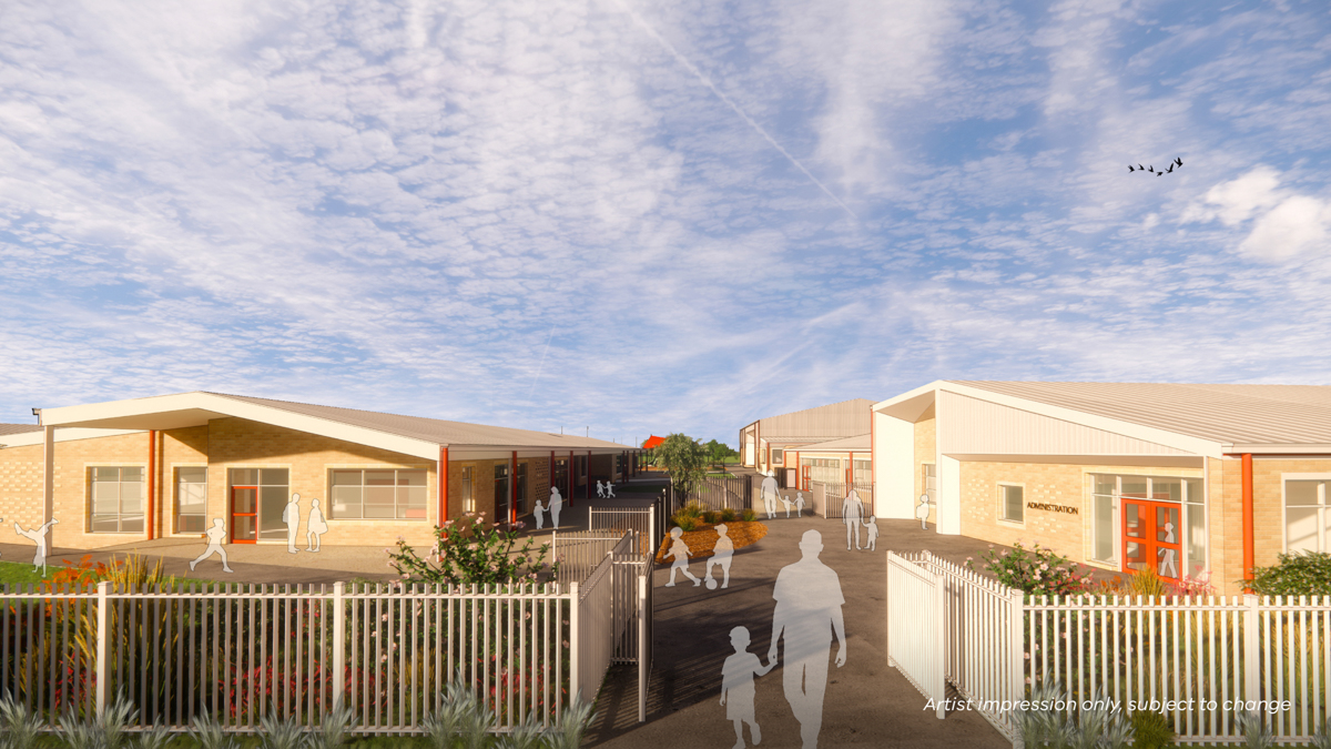 Officer Brunt Road Primary School (interim name) - illustrated render, School entrance