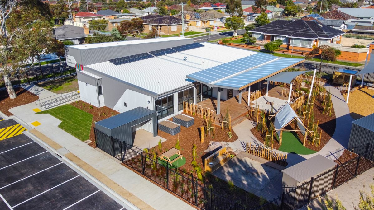 Ardeer Kindergarten – Kindergarten on a School Site, Aerial shot of the completed kinder