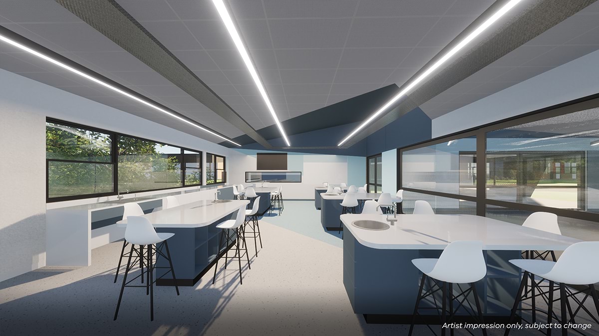 Bundoora Secondary College – upgrade and modernisation, illustrated render of Science Lab 1