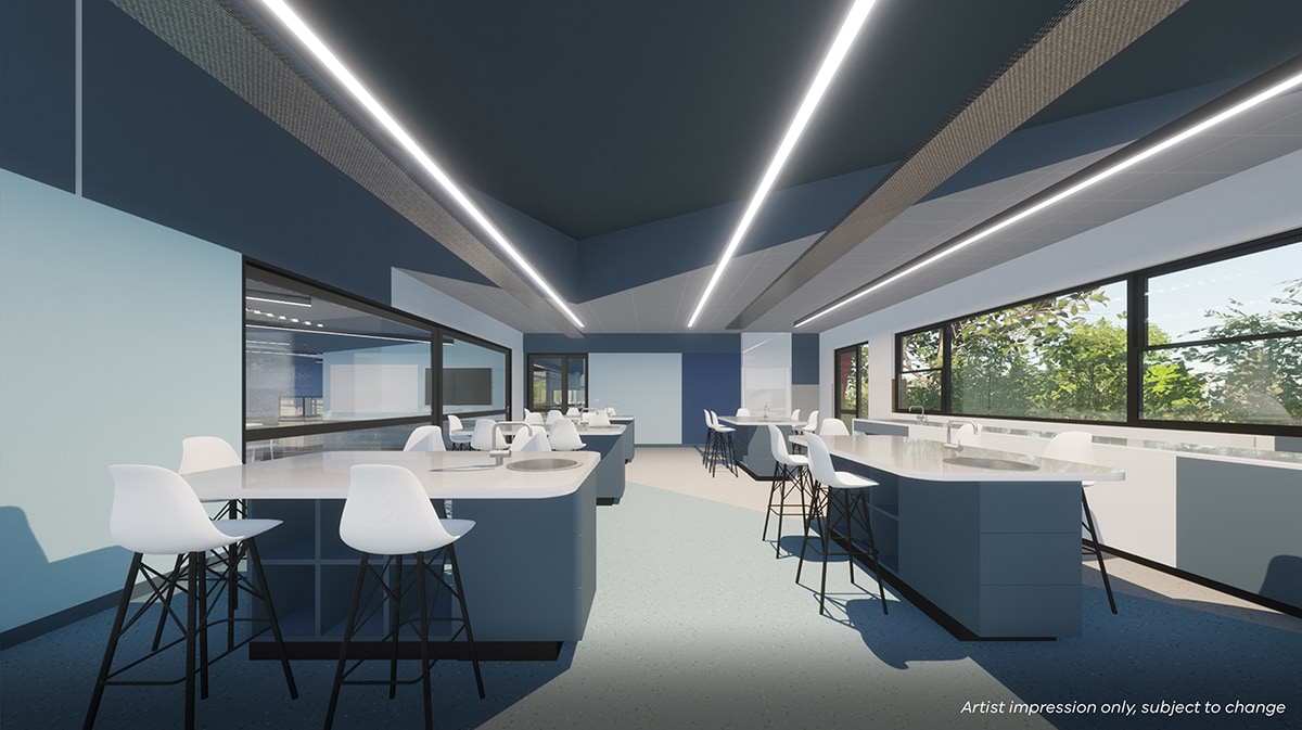 Bundoora Secondary College – upgrade and modernisation, illustrated render of Science Lab 1