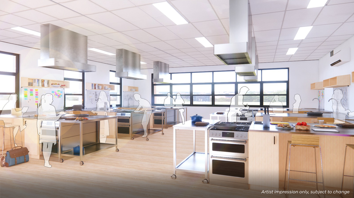 East Loddon P-12 College – upgrade and modernisation – next stage, illustrated render of the Home Economics classroom