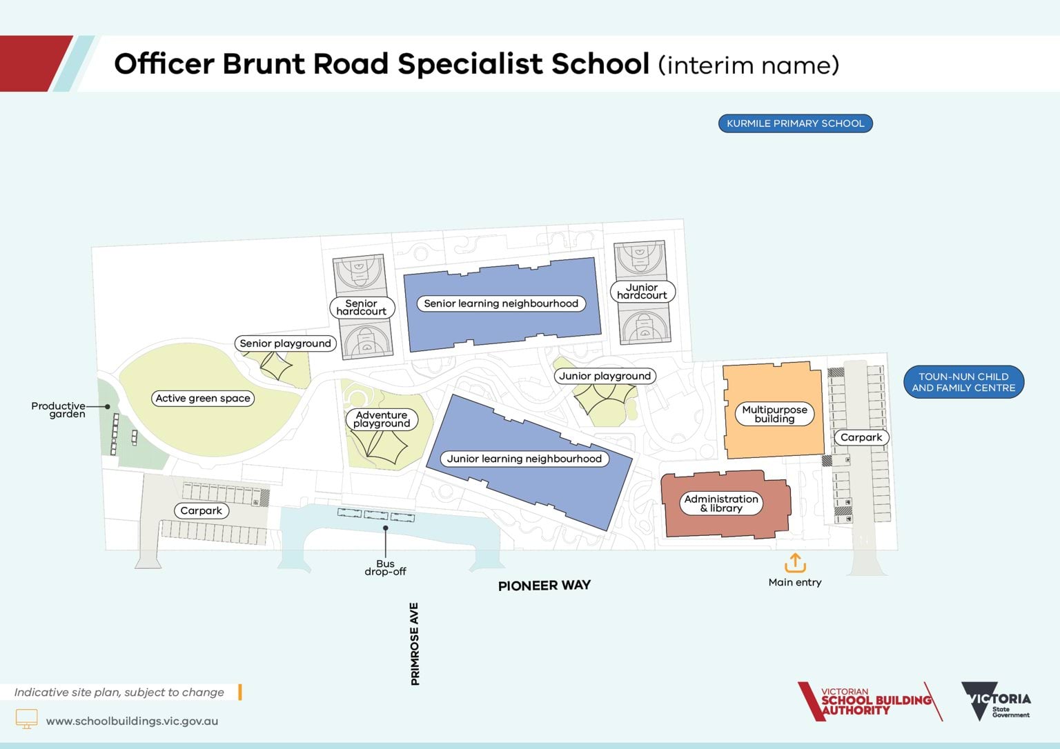 An indicative site plan of Officer Brunt Road Specialist School (interim name)