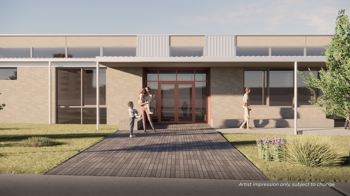 Render of school entrance. Thers is a red double door in the middle of a white brick building. There is a grey brick path leading from the street to the door.