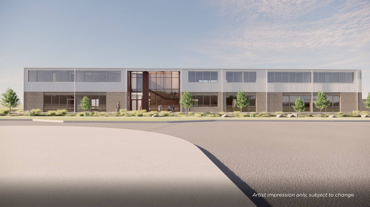 Outdoor render of two-level school building. It is white with red details, and large windows. There is grass, trees, and a footpath outside. A road is in the foreground.