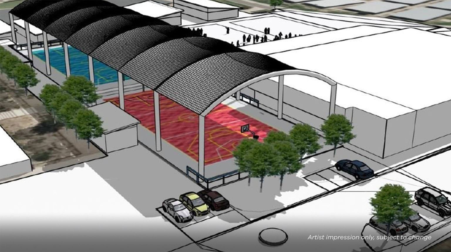 An illustrated rendering of the upgraded netball courts. The courts are blue and red coloured, with a black roof covering both. There is also a car park. 