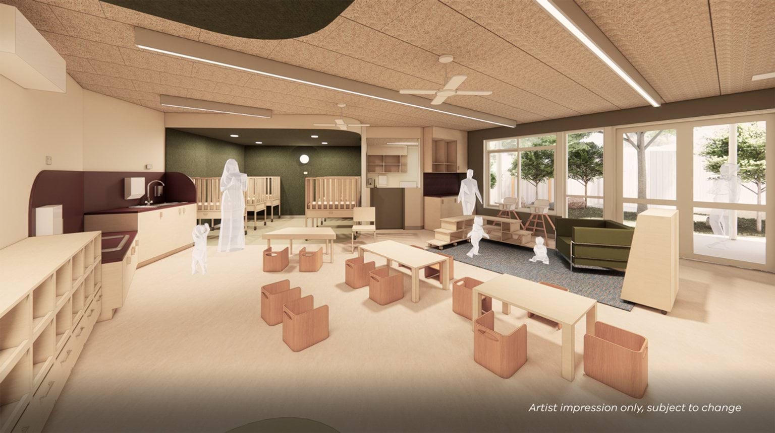 Render of inside new centre building. There is seating, shelves, and a nap area in the background.