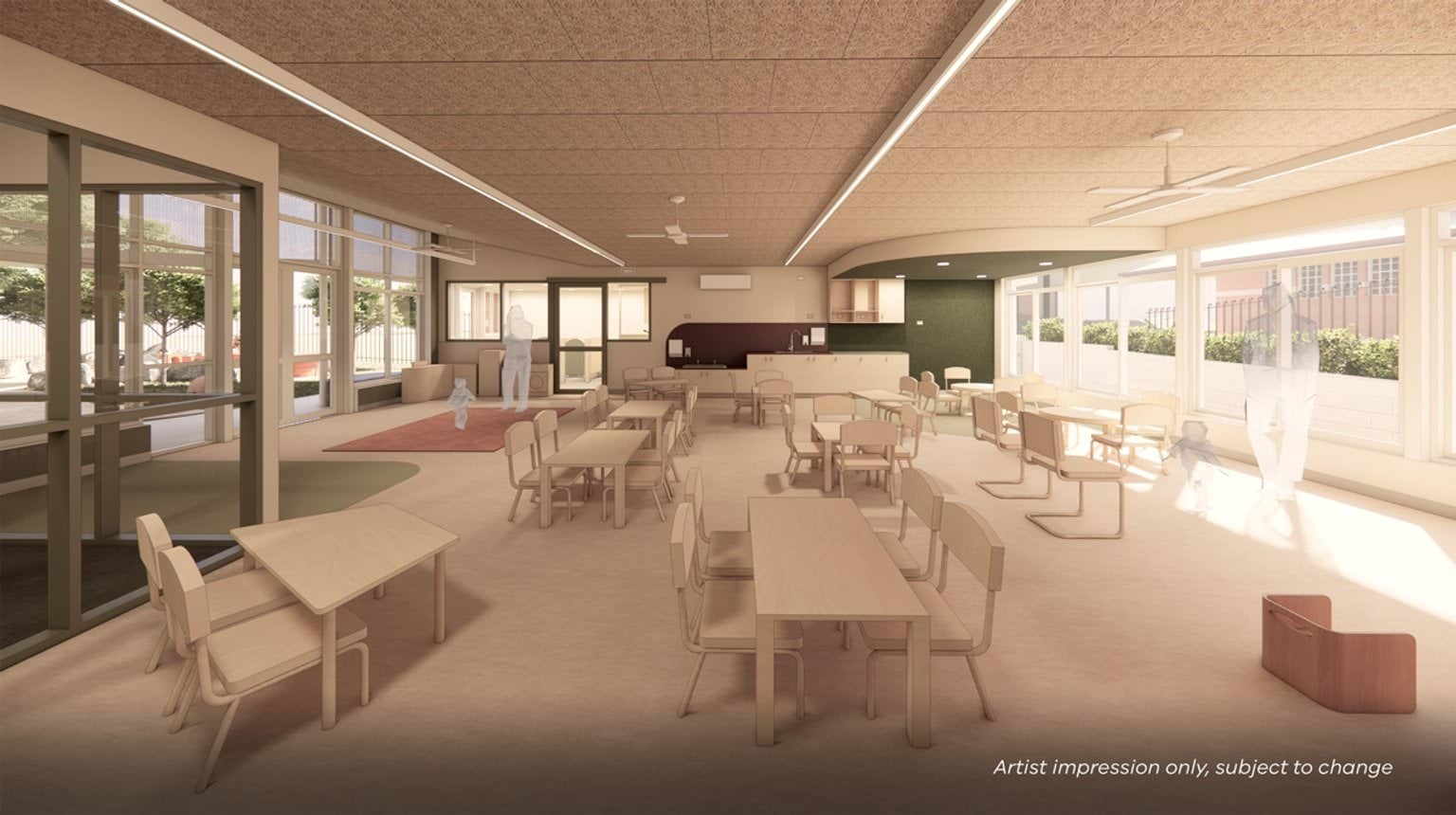 Render of inside new centre building. There are tables and chairs, with sunlight coming in through large windows.