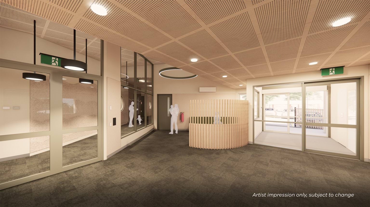 Render of inside new centre building. There is a large door, reception desk, and grey carpet.