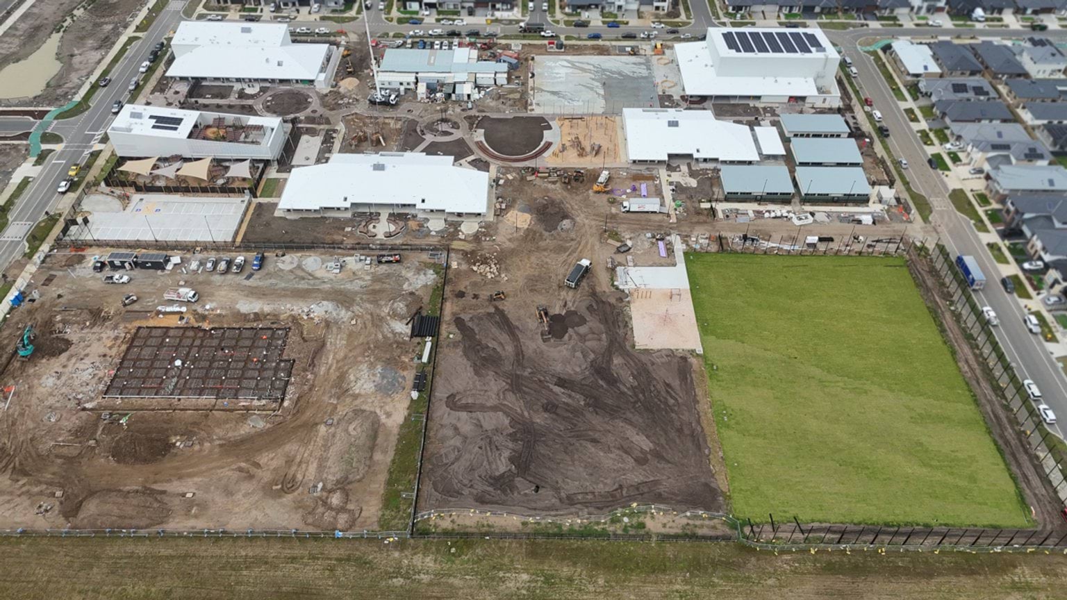 Overhead shot of buildings under construction. 
