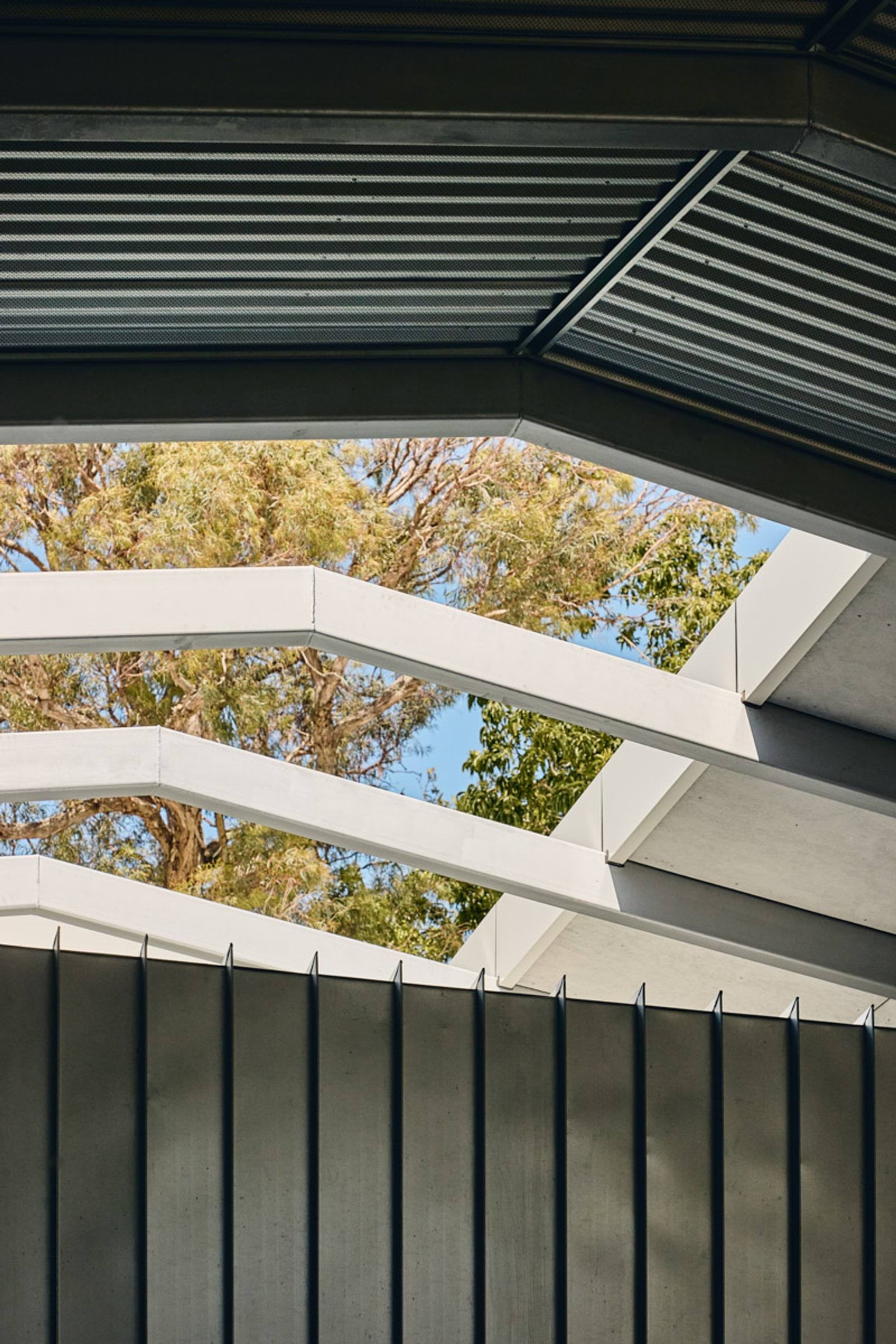 A close-up of the school roof showing angled white beams and corrugated panels, with tree branches visible through the gaps.