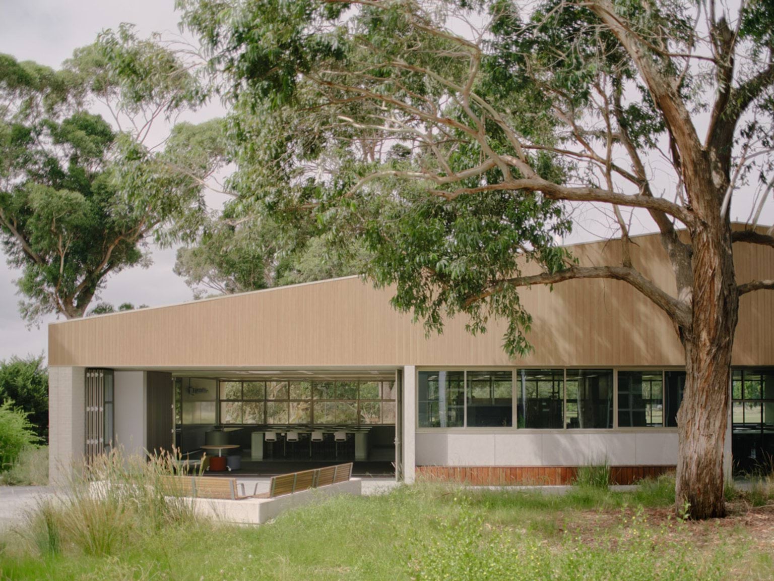 A modern school building with a timber facade and large windows, surrounded by trees and landscaped garden beds. An open classroom is visible through the glass doors.