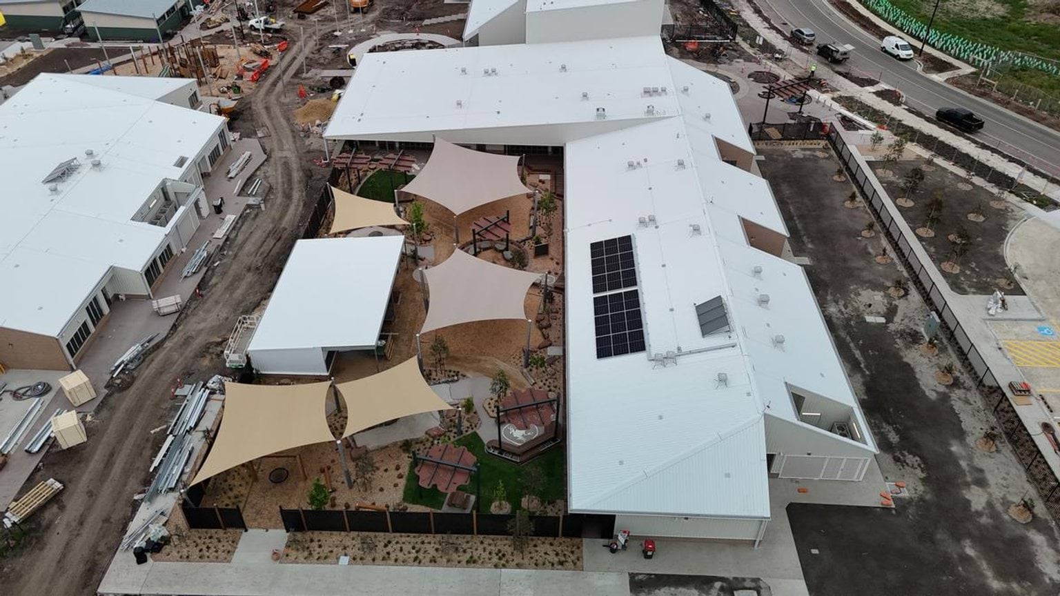 Overhead building showing kindergarten complex with outdoor area