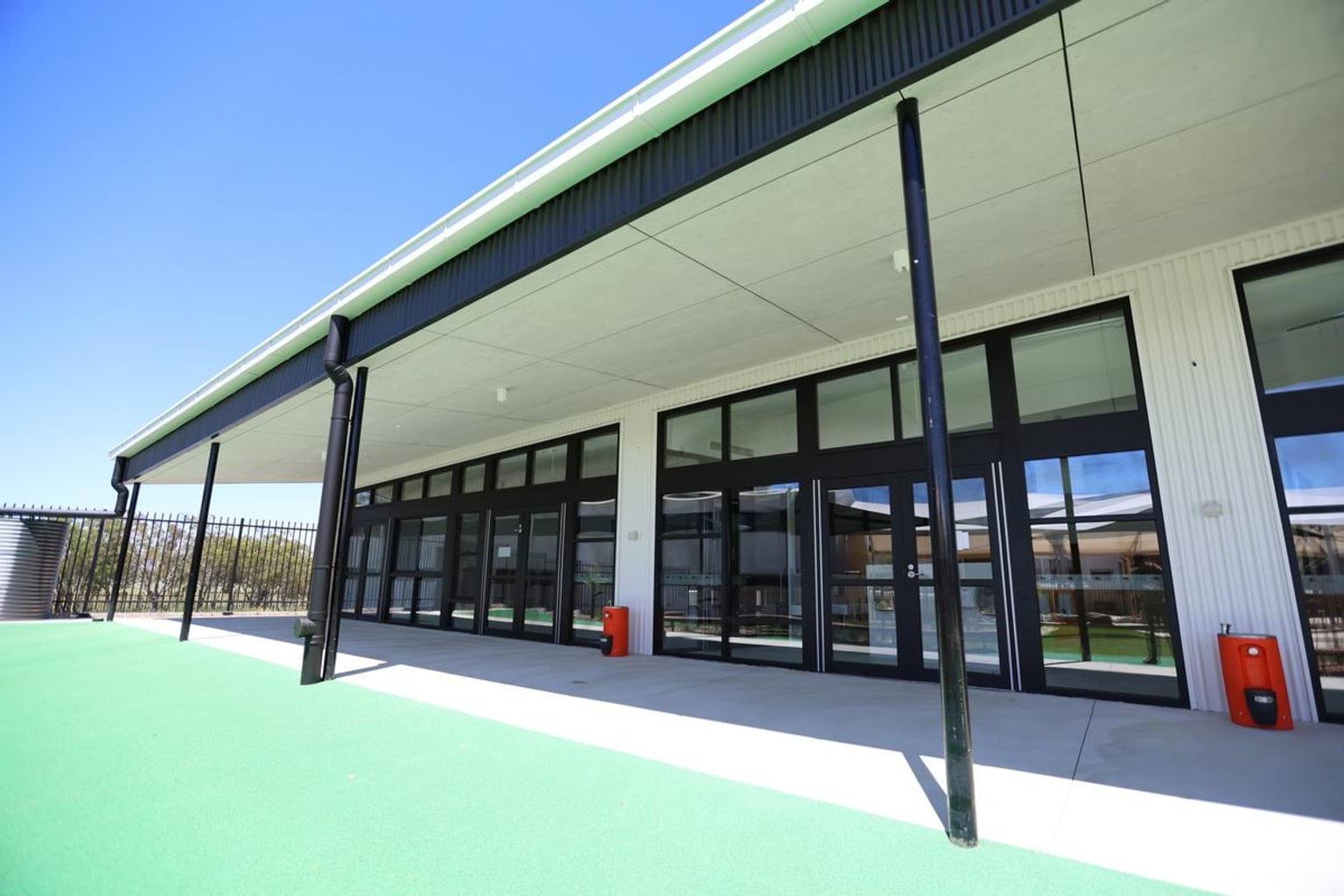 Outside Kerribana Primary School Kindergarten (interim name), looking at the building which has lots of windows.