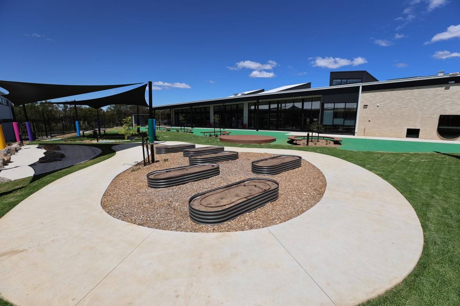 Outside area at Kerribana Primary School Kindergarten (interim name) showing garden beds with soil in them and a footpath wrapping around them.