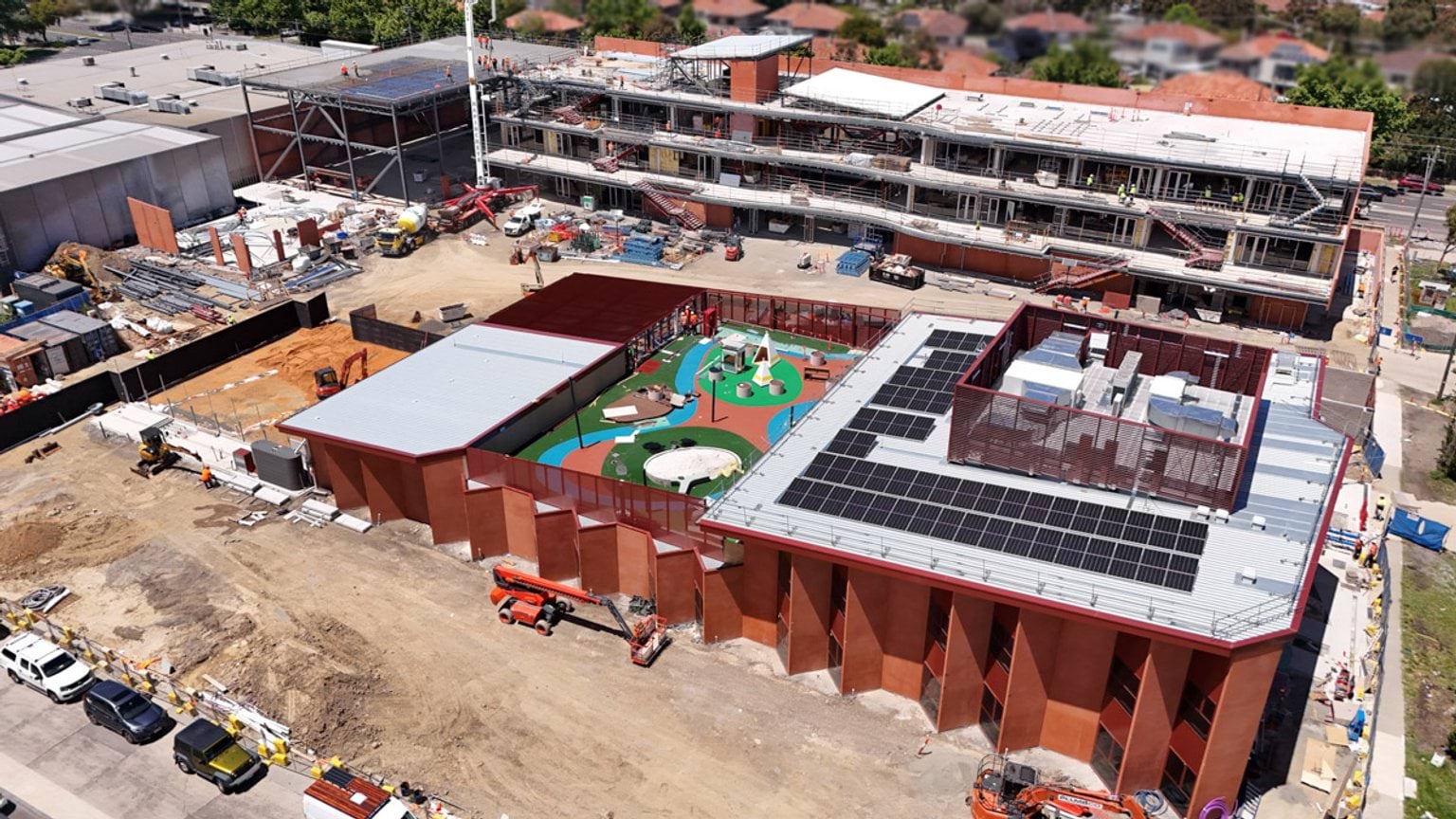 Overhead shot of buildings under construction. 
