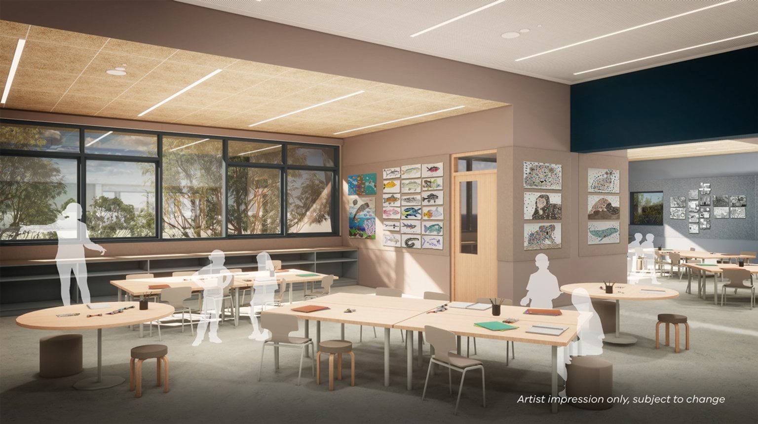 A computer-generated render of the new art room being built. There are tables with shadows of children and an adult standing or sitting around them. There are artworks on the walls.