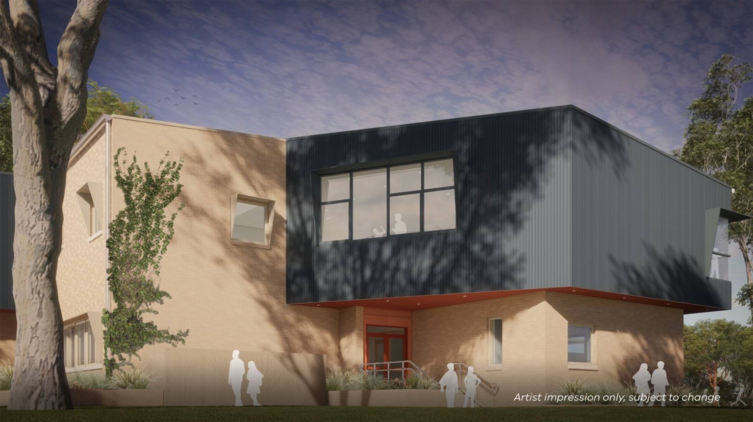 A computer-generated render of the new building. It's double-storey with 2 different colours/materials being used. 