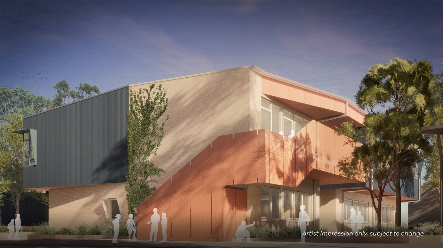 A computer-generated render of the new building. It's double-storey with 3 different colours/materials being used. 