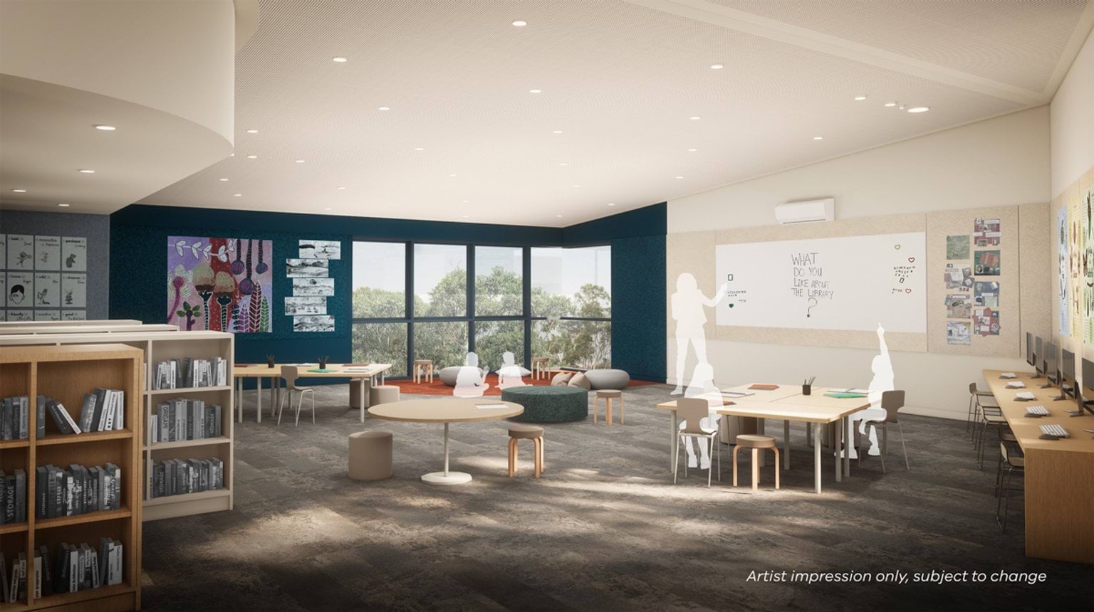 A computer-generated render of the new library being built. There are tables with shadows of children and an adult standing or sitting around them. There are shelves with books in them and a row of computers. 