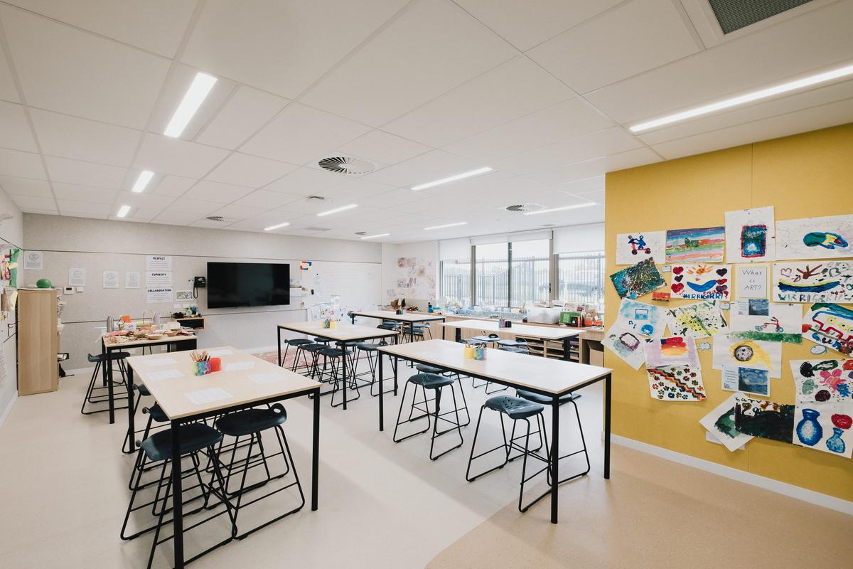Classroom with high tables, stools, bright yellow feature wall and student artwork displayed
