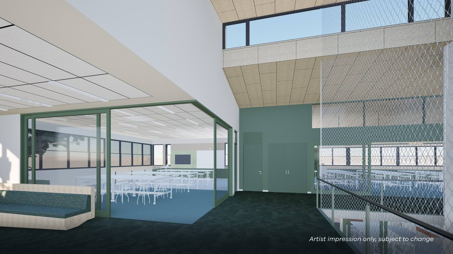 Artist impression of a spacious atrium with green-framed glass walls enclosing a classroom, cushioned seating, and open views to upper levels with mesh safety panels.