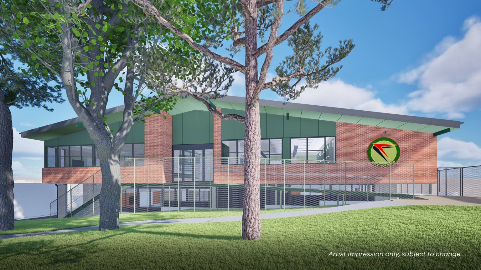 Artist impression of a modern school facade with red brick walls, green cladding, large windows, and a circular school emblem, framed by mature trees.