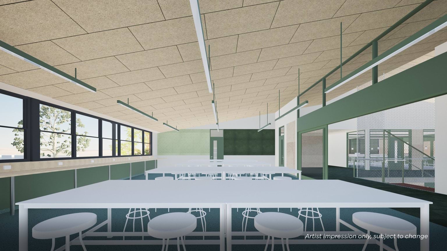 Artist impression of a large classroom with long white tables, stools, green feature walls, and expansive windows overlooking greenery.
