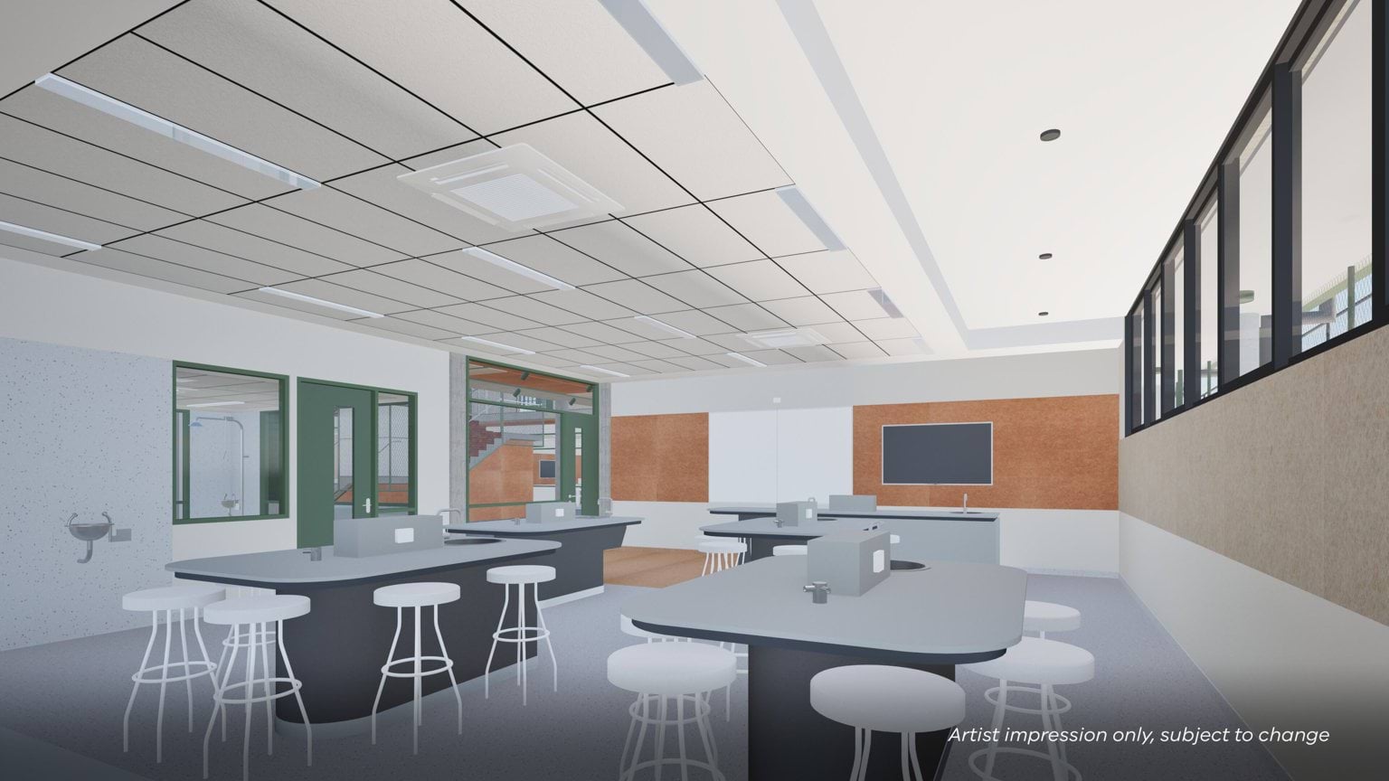 Artist impression of a modern science lab with large workbenches, white stools, sinks, and taps, featuring green-framed doors and windows, corkboard panels, and a bright ceiling with grid lighting.