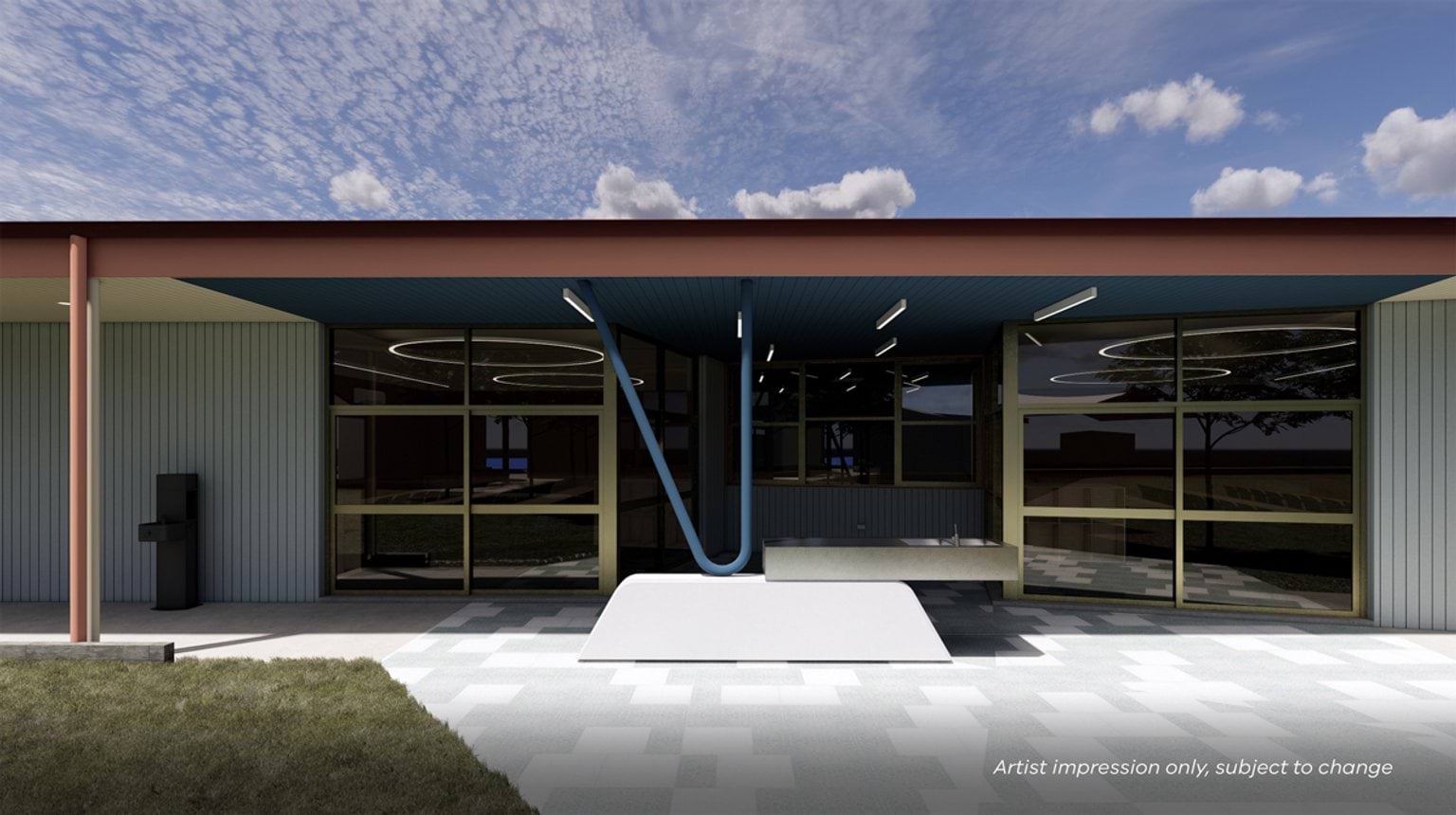 Artist impression of a school building with large glass windows, a covered walkway, and a sculptural blue support beam. The foreground has paved tiles and a grassy area.