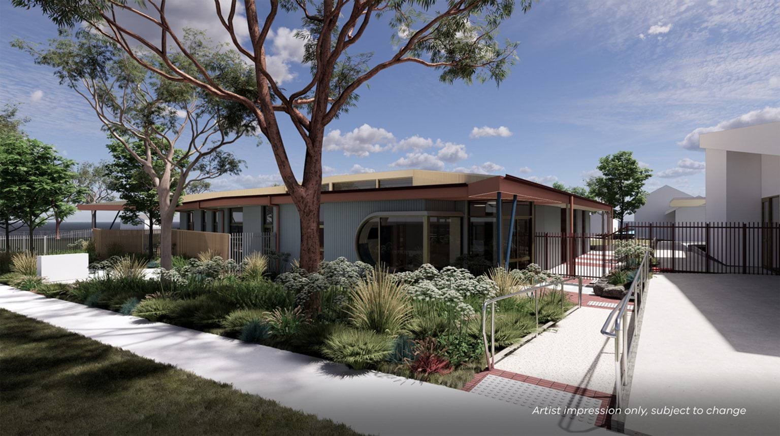 Artist impression of a landscaped school entrance with garden beds, trees, and a ramp leading to a modern building with timber and metal cladding.