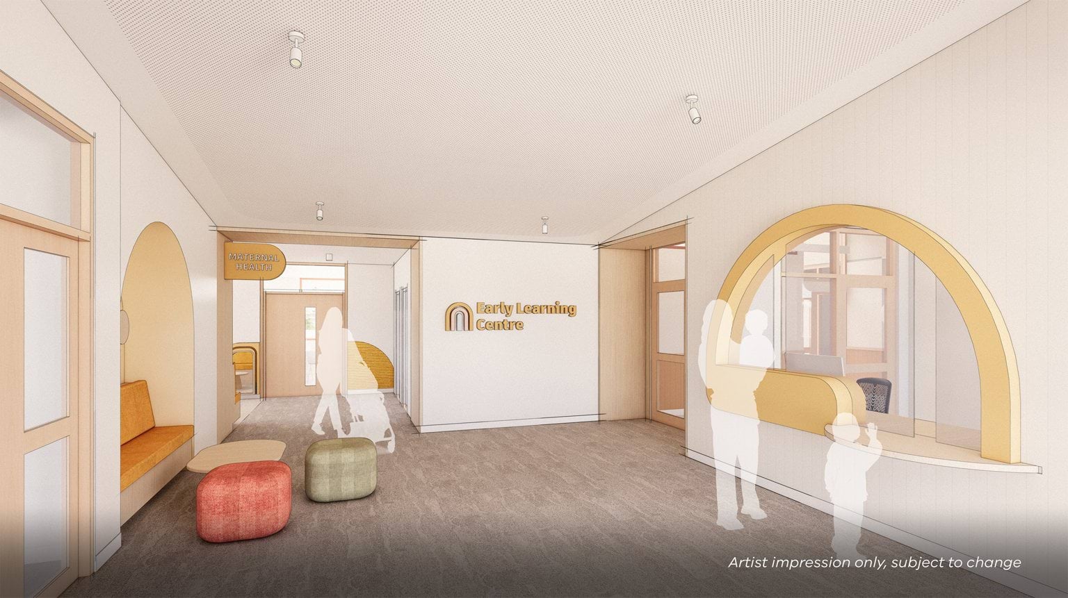 Artist impression of an early learning centre reception with a curved counter, timber accents, and neutral walls. The space includes seating nooks, colorful ottomans, and signage for “Early Learning Centre” and “Maternal Health.”
