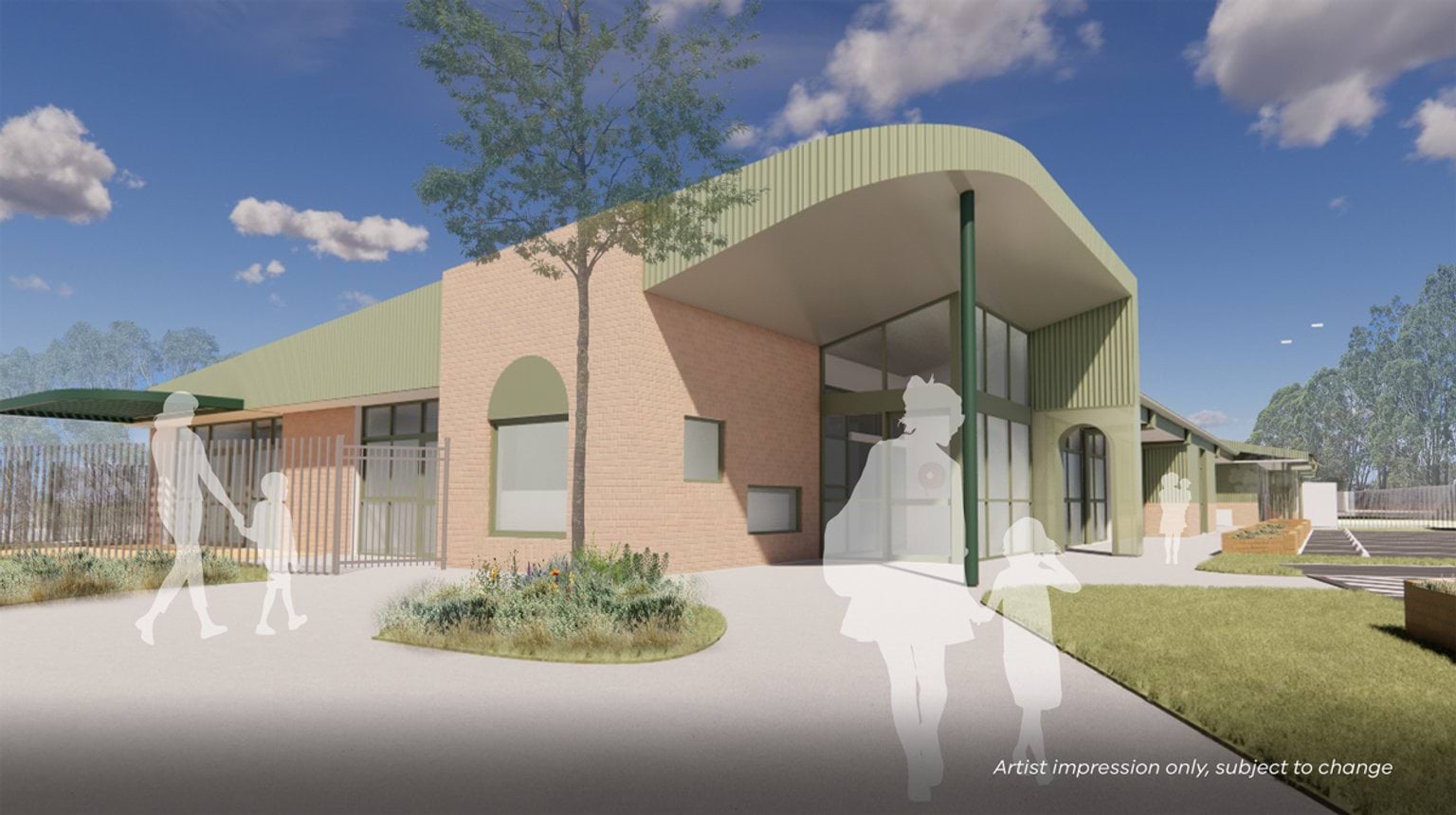 Illustrated render of new early learning building. It has a curved green roof, large windows, and a carpark near the main entrance.
