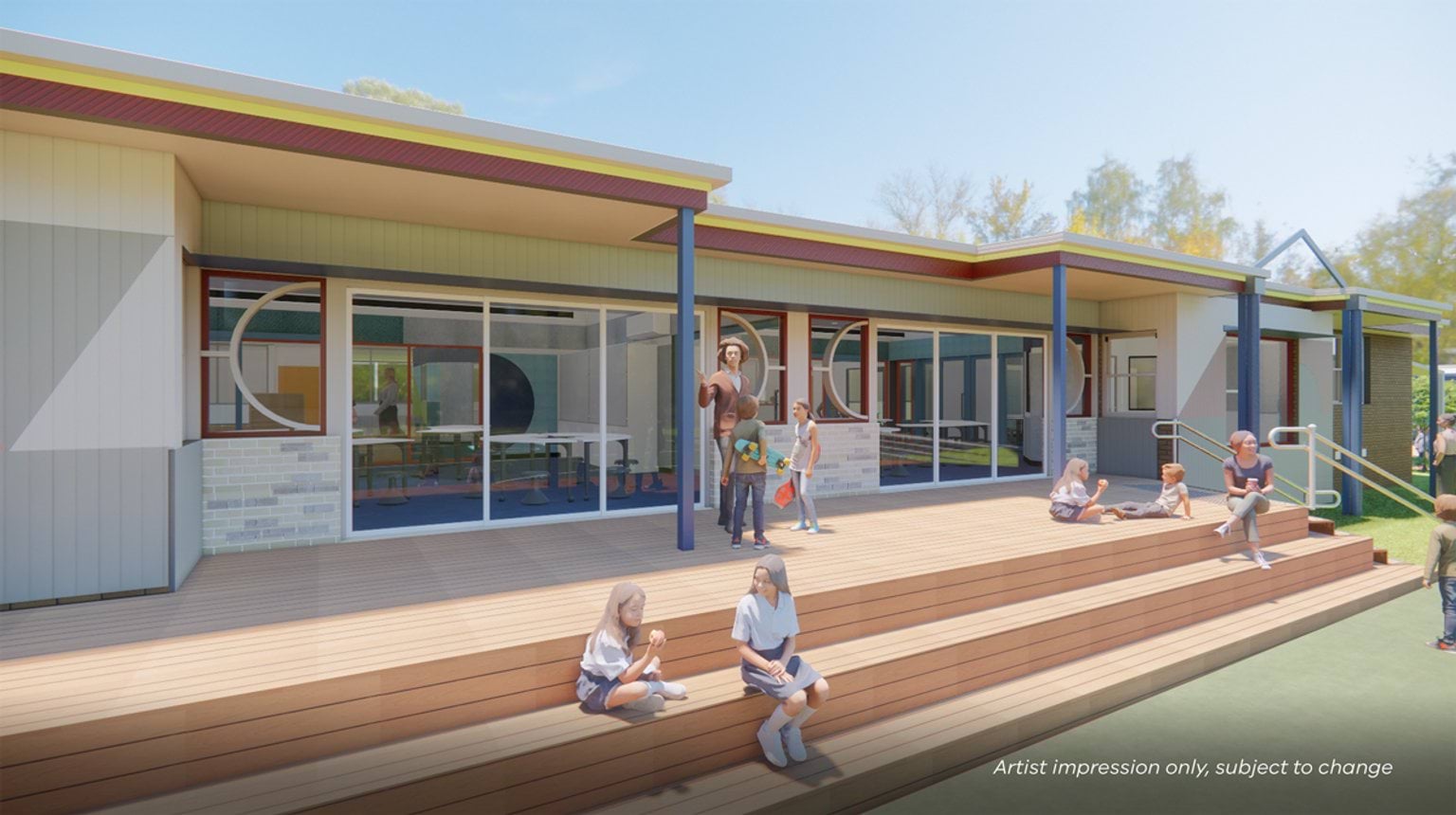 Artist impression of a school building with timber decking, blue-framed columns, and large circular-feature windows. The deck provides seating steps and access to classrooms through glass doors.