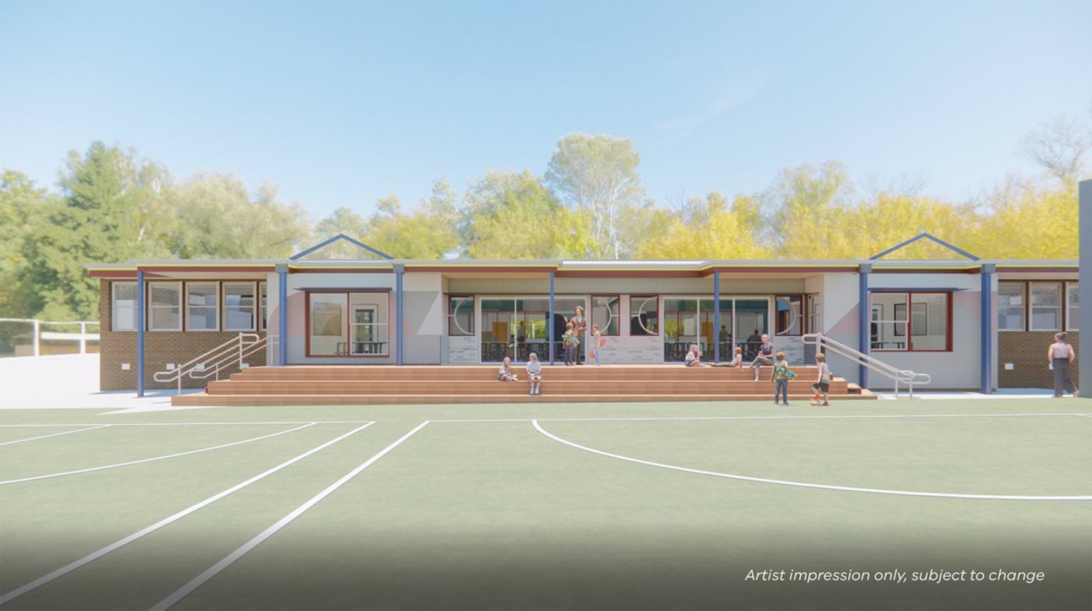 Artist impression of a single-story school building with a mix of brick and light cladding, blue structural frames, and large windows. The design includes wide timber steps leading to the entrance and an outdoor sports court in the foreground, surrounded by trees.