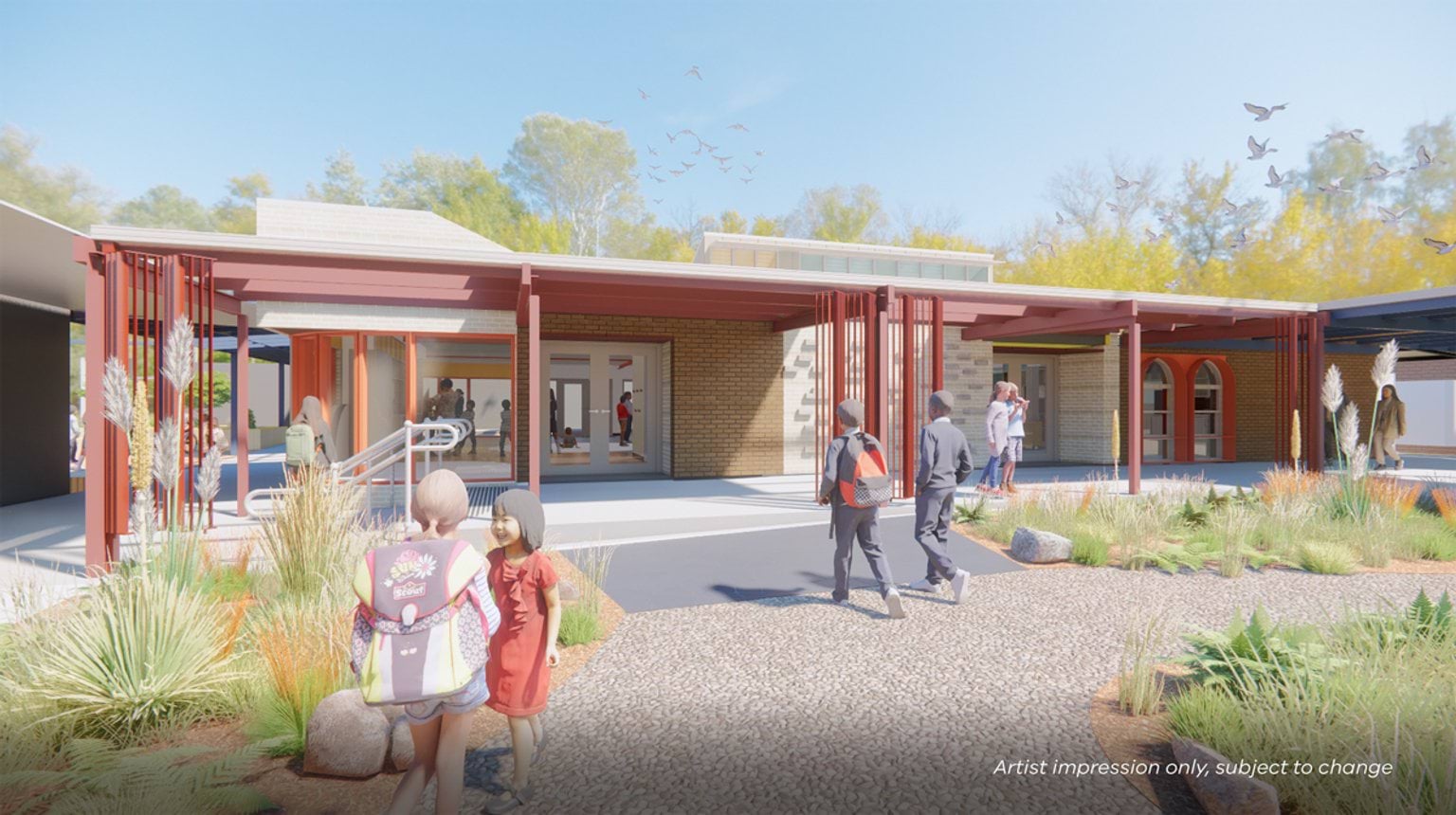 Artist impression of a school entrance featuring a covered walkway with red vertical slats, landscaped garden beds, and a paved path leading to glass doors. The building combines brick and light cladding with modern design elements.