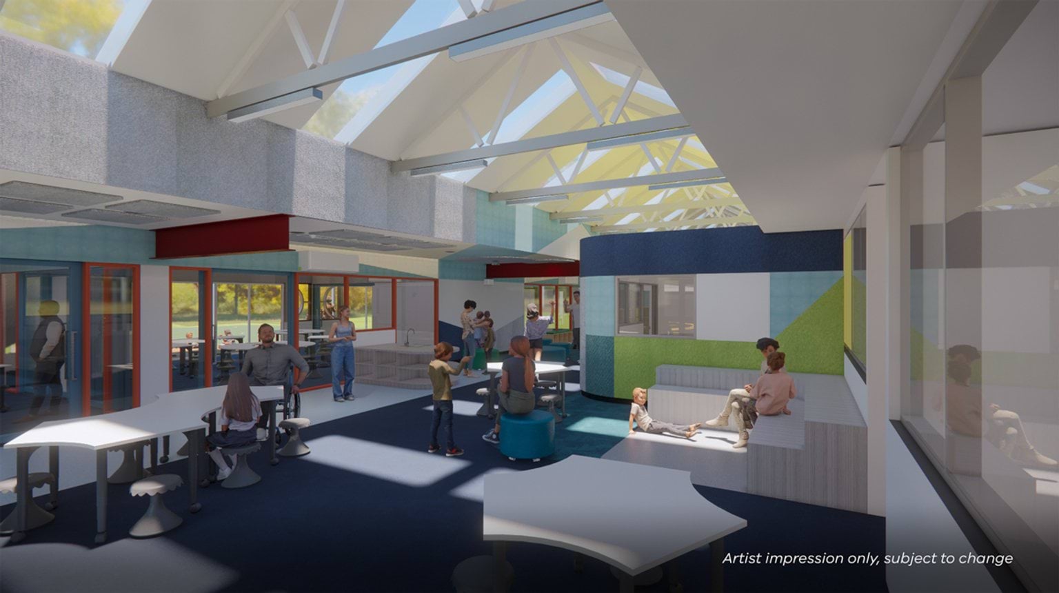 Artist impression of a bright learning space with pitched skylight roof, colorful wall panels, and flexible furniture. The area includes tables, ottomans, and built-in seating for group activities.
