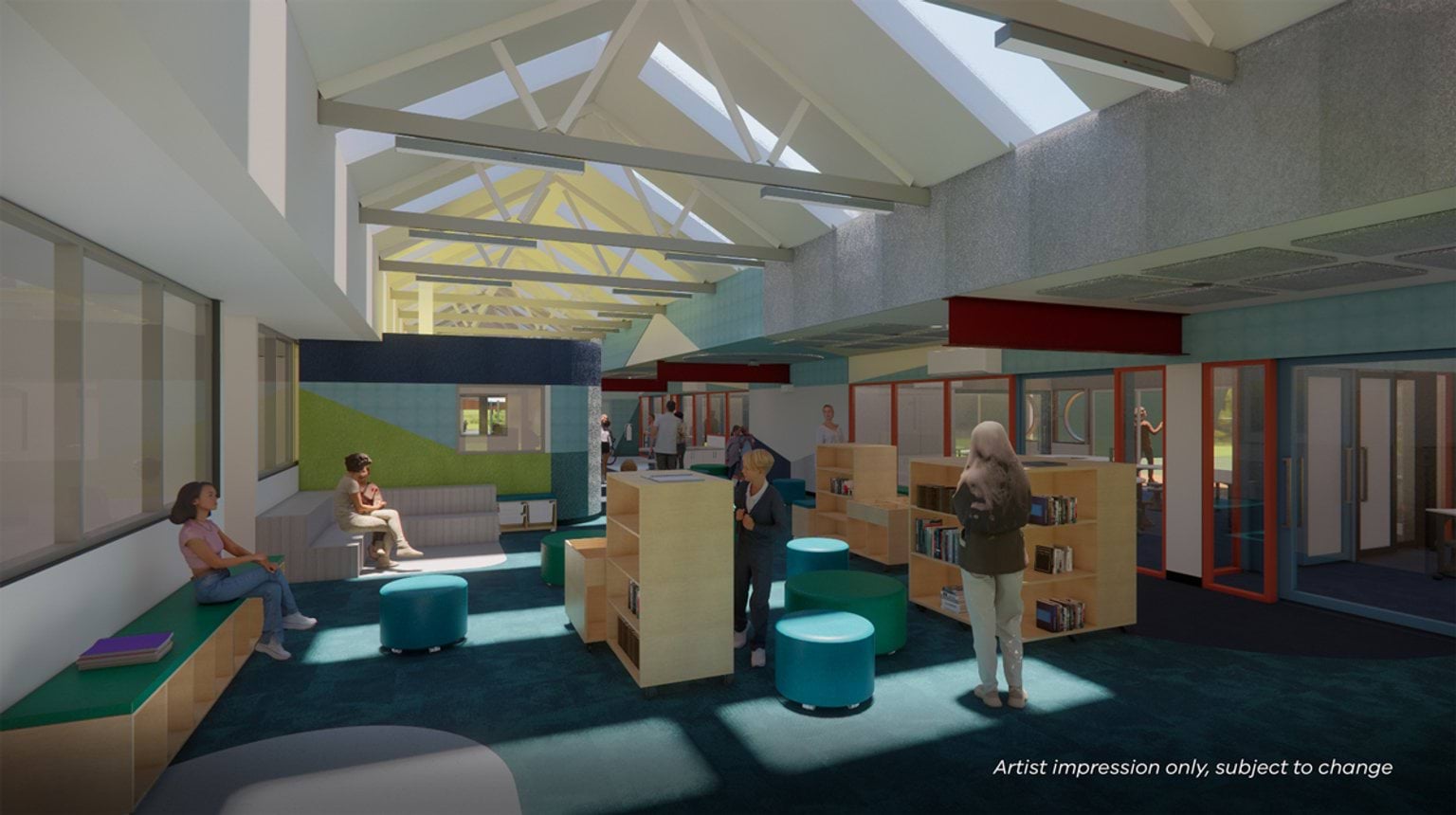 Artist impression of a library space with pitched skylight roof, vibrant wall panels, timber bookshelves, and soft seating. The area includes open shelving and round ottomans for collaborative learning.