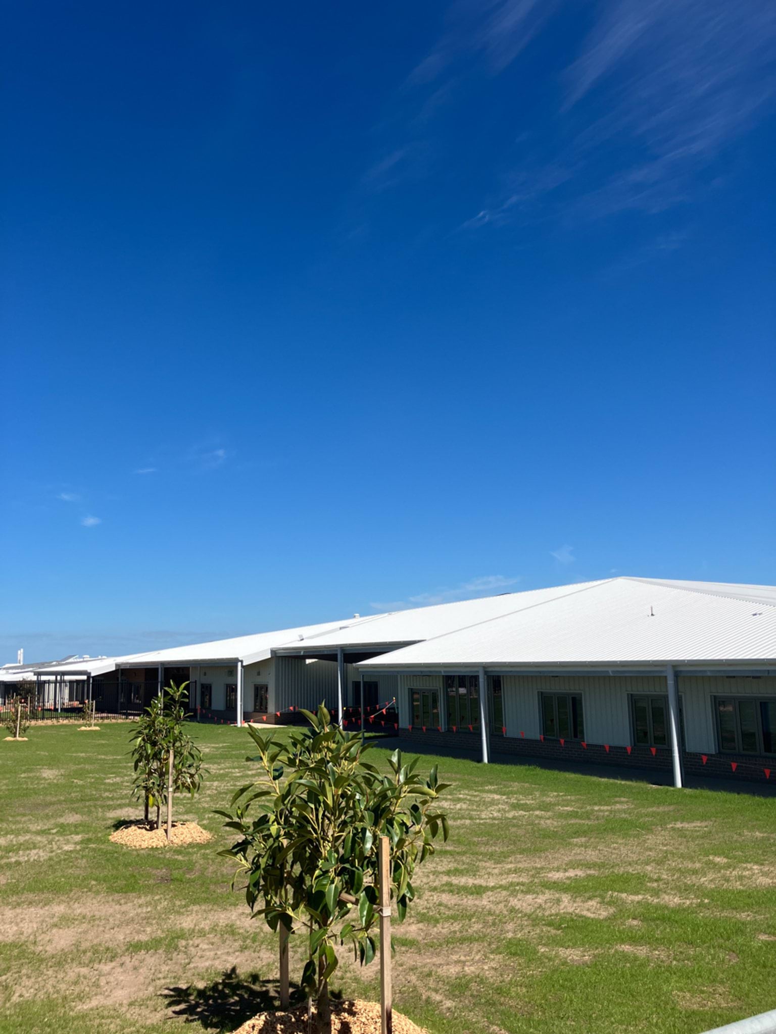 A completed section of the school building with white roofing and landscaped grass areas featuring young trees.