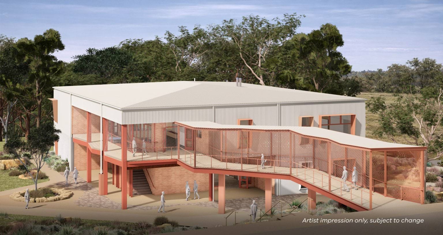 Artist impression of a two‑storey school building with brick and metal cladding, surrounded by native landscaping and featuring an elevated walkway with mesh screening.