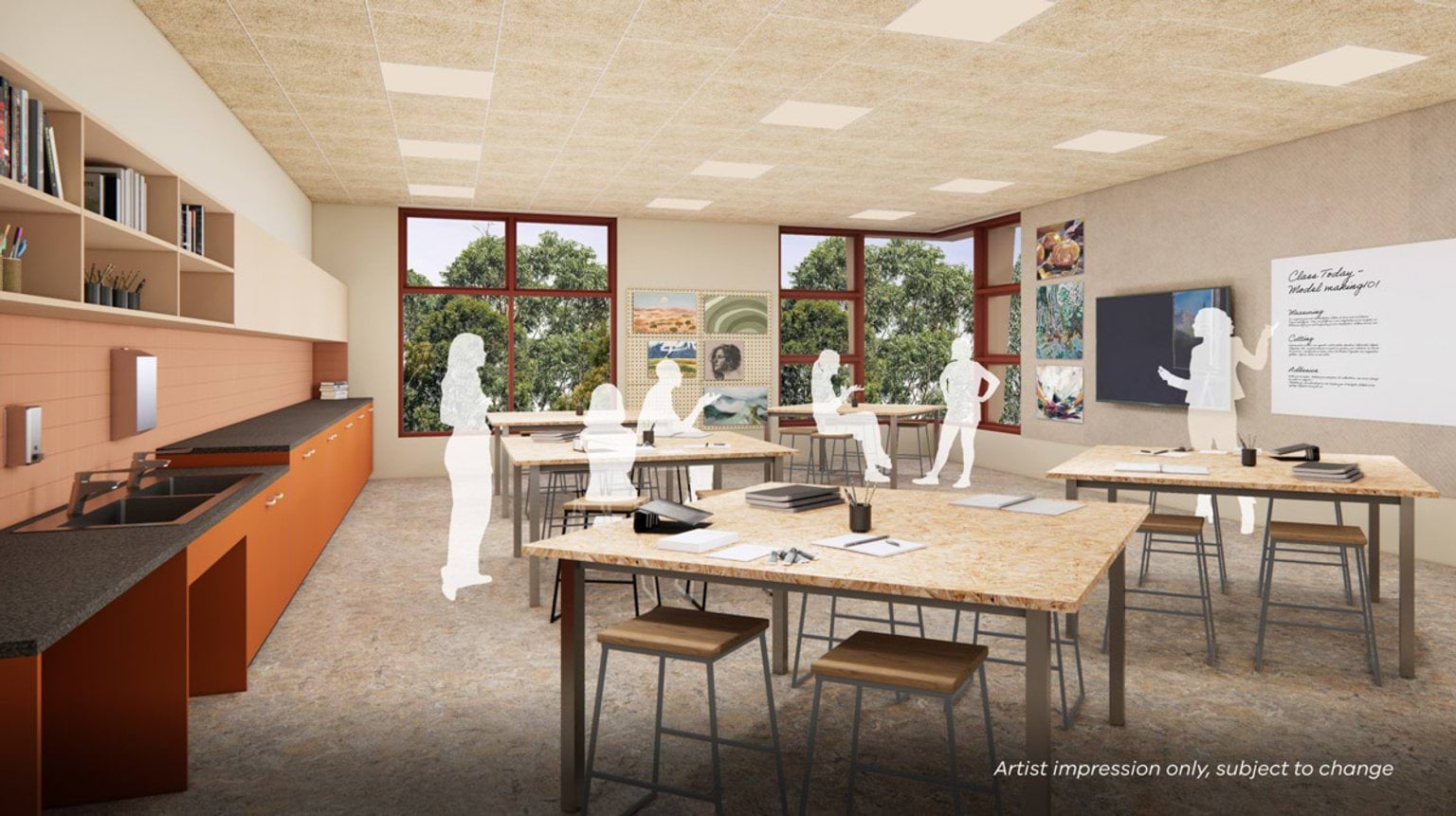 Artist impression of a bright classroom with large windows, timber tables, stools, wall-mounted storage, and artwork displays, with students and a teacher interacting around the room.